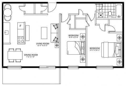 Floor plan for 2 beds, 1 bath, 940 sqft